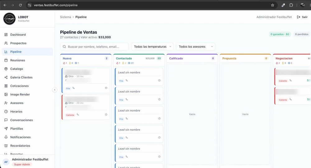 Pipeline de ventas por etapas en un CRM en producción